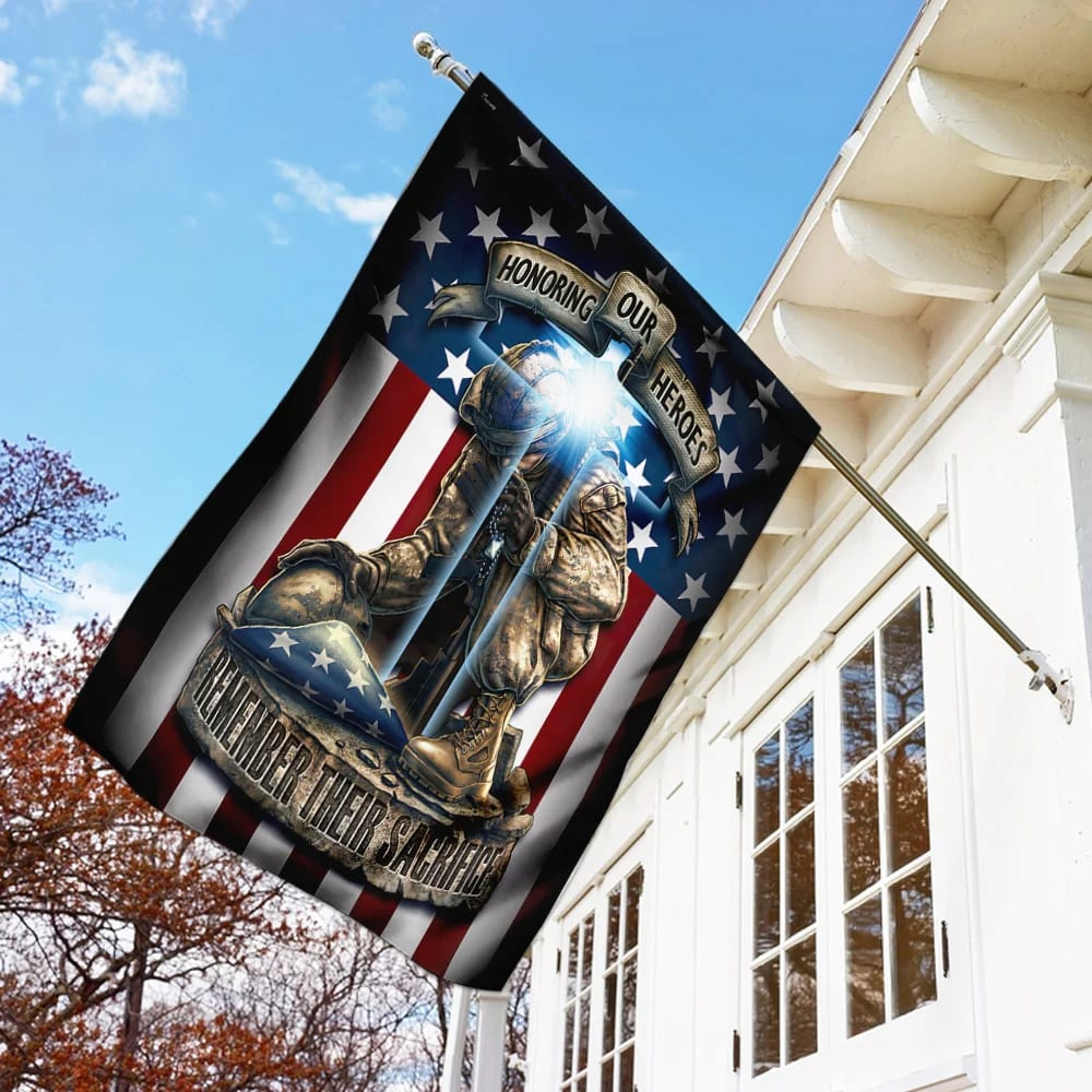 Honoring Our Heroes Remember Their Sacrifice Jesus Cross Flag - Outdoor Christian House Flag - Christian Garden Flags