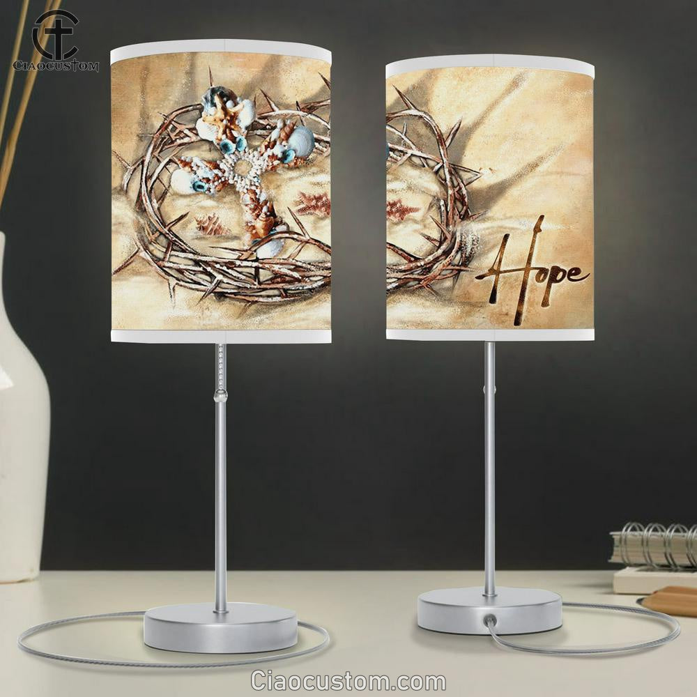 Hope Seashell Cross Crown Of Thorns Sand Large Table Lamp Art - Christian Lamp Art Home Decor - Religious Table Lamp Prints