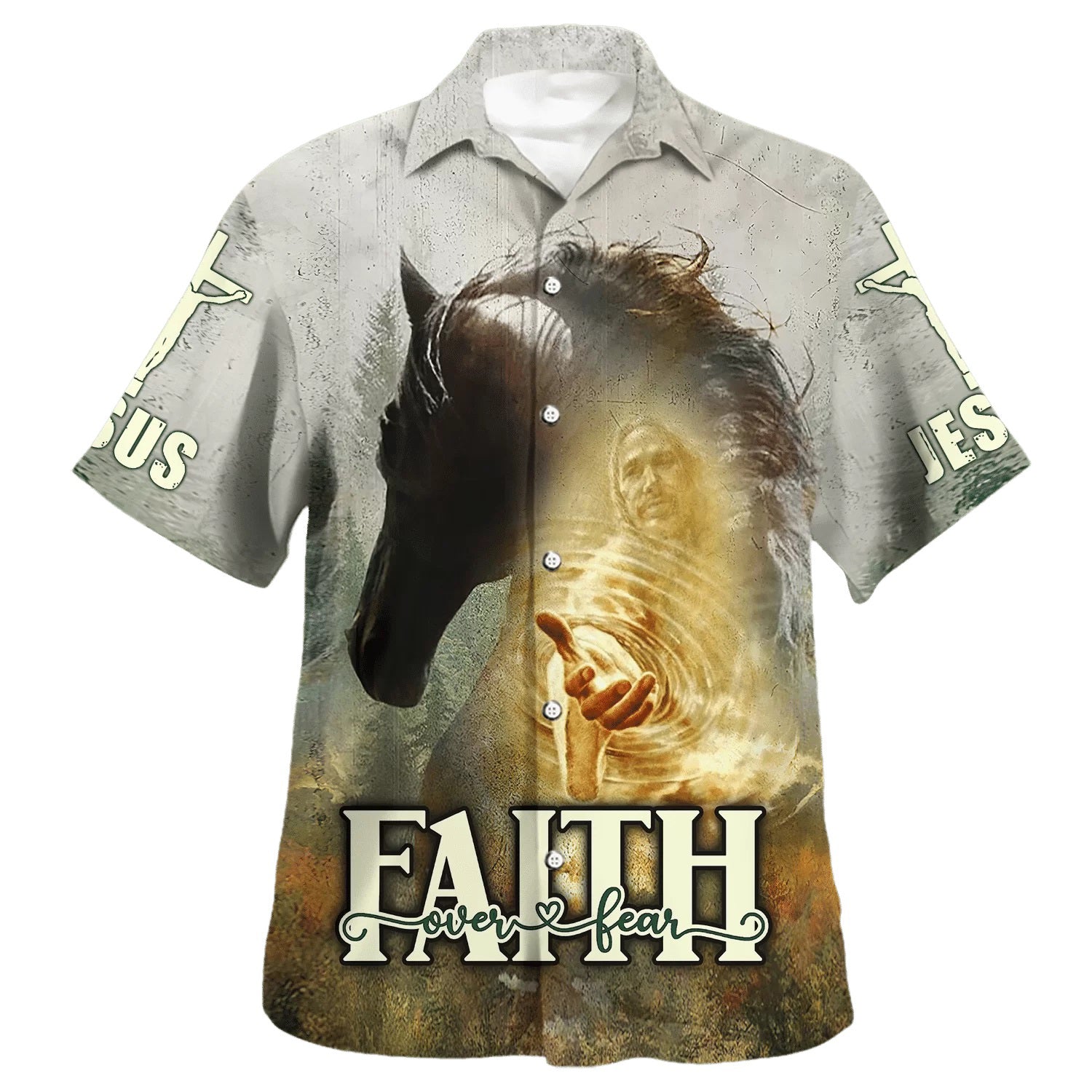 Horse And Jesus Faith Over Fear Hawaiian Shirt - Christian Hawaiian Shirt - Religious Hawaiian Shirts