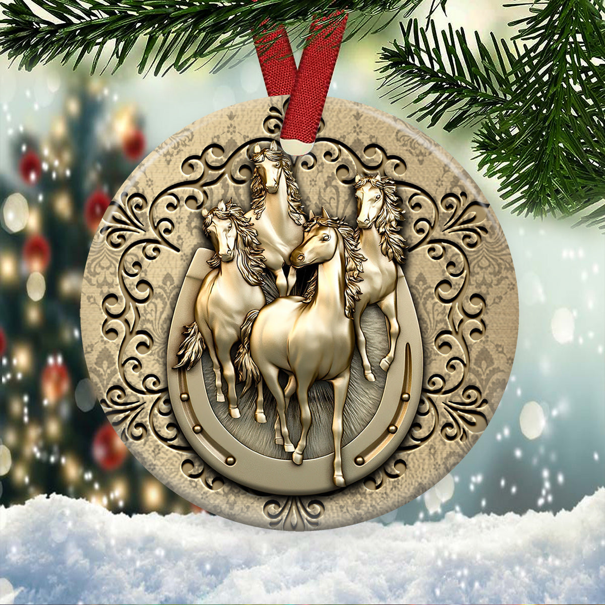 Horse Bronze Style Ceramic Circle Ornament - Decorative Ornament - Christmas Ornament