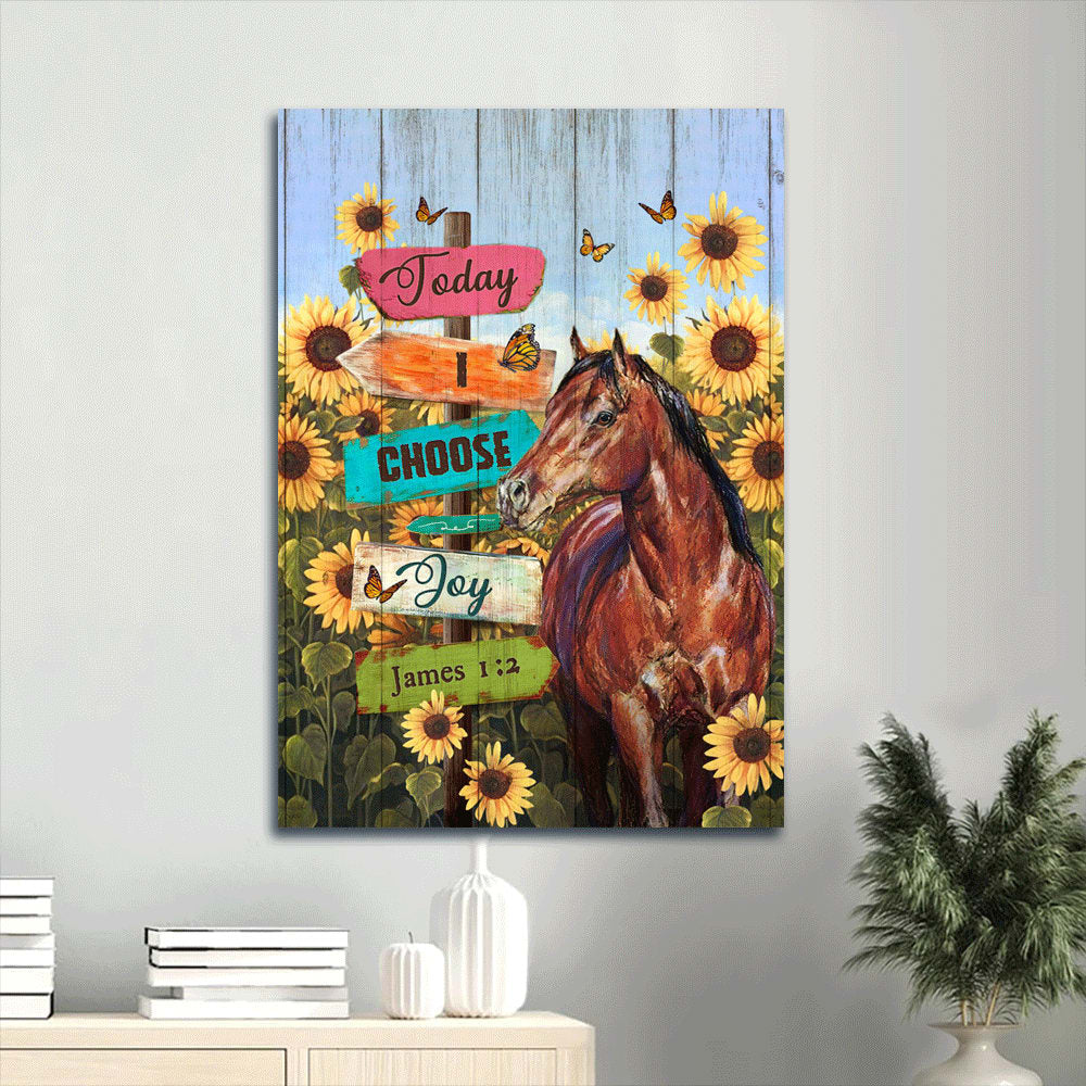 Horse Canvas Wall Art - Today I Choose Joy James 1 2 - Sunflower Field Butterfly Horse Portrait Canvas - Gift For Christian