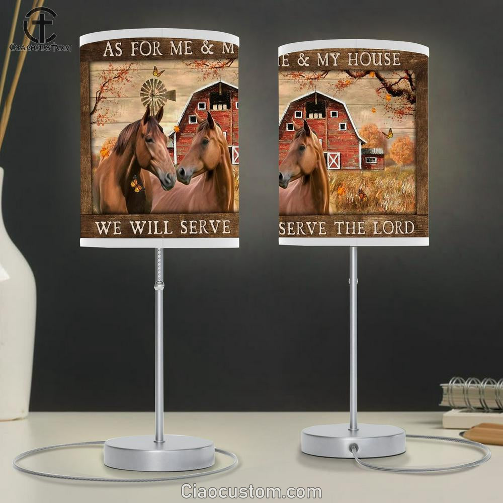 Horse Couple, Autumn Painting, Red House, We Will Serve The Lord Table Lamp