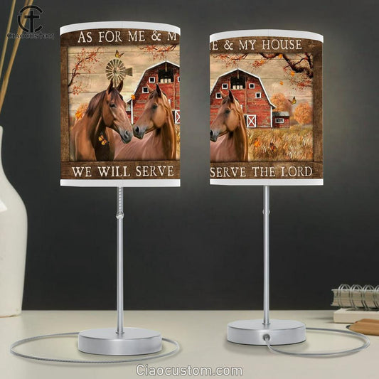 Horse Couple, Autumn Painting, Red House, We Will Serve The Lord Table Lamp