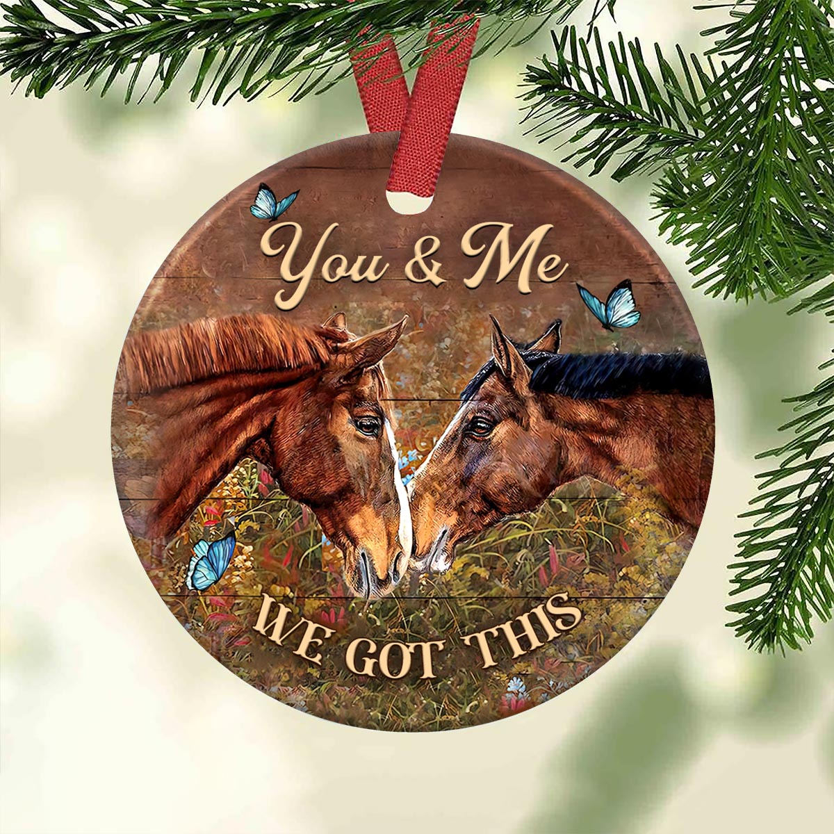 Horse Couple Ceramic Circle Ornament - Decorative Ornament - Christmas Ornament