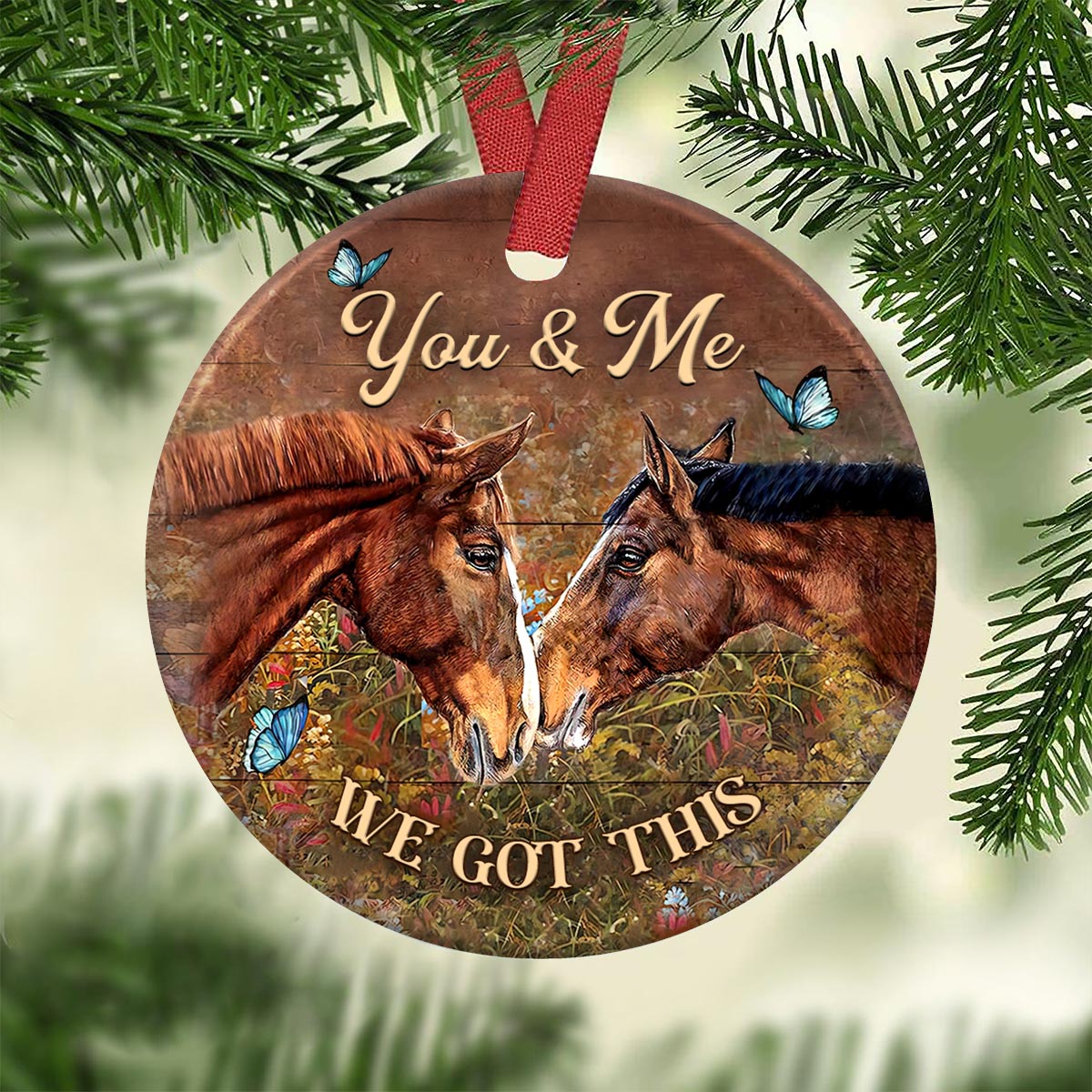 Horse Couple Ceramic Circle Ornament - Decorative Ornament - Christmas Ornament