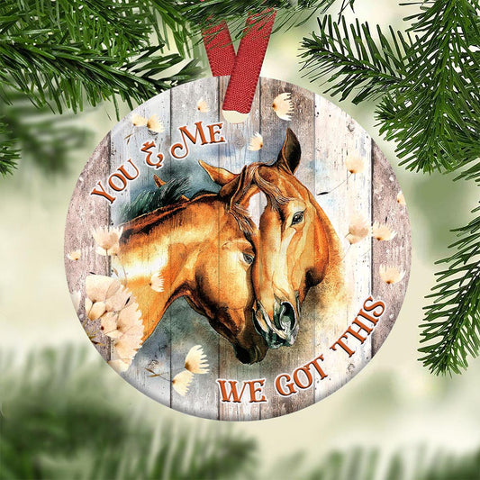 Horse Couple Wood Style Ceramic Circle Ornament - Decorative Ornament - Christmas Ornament