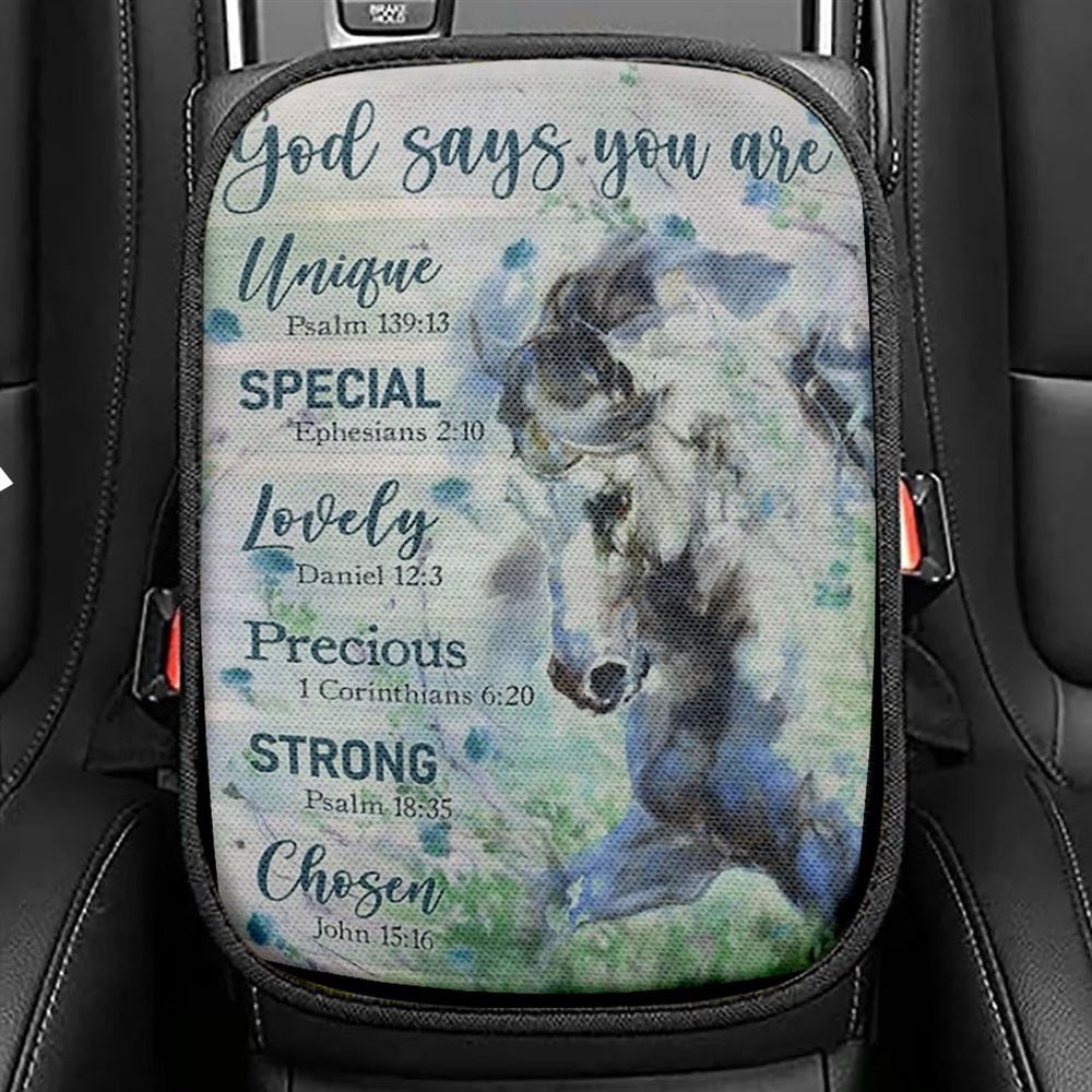 Horse Drawing Watercolor Painting God Says You Are Car Center Console Cover, Christian Armrest Seat Cover, Bible Seat Box Cover