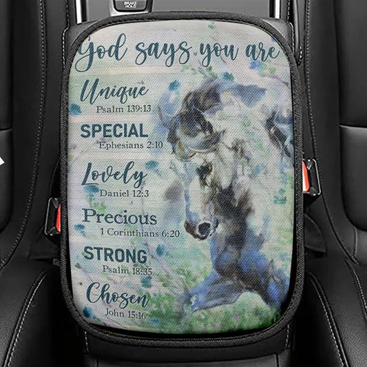 Horse Drawing Watercolor Painting God Says You Are Car Center Console Cover, Christian Armrest Seat Cover, Bible Seat Box Cover