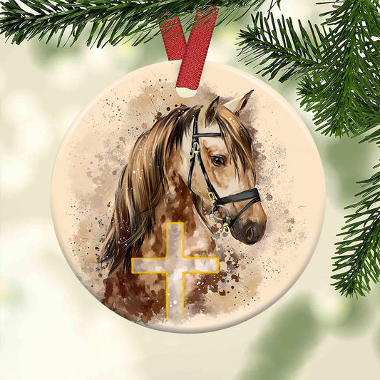 Horse Faith Cross Ceramic Circle Ornament - Decorative Ornament - Christmas Ornament