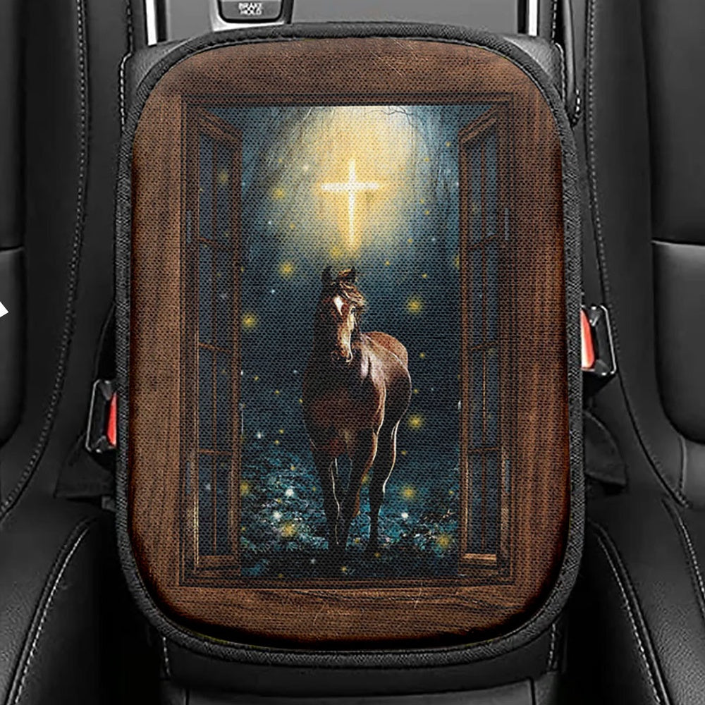 Horse Firefly Cross Wooden Window Seat Box Cover, Bible Verse Car Center Console Cover, Christian Inspirational Car Interior Accessories