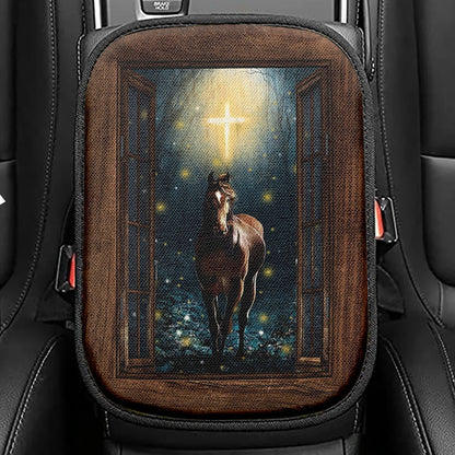 Horse Firefly Cross Wooden Window Seat Box Cover, Bible Verse Car Center Console Cover, Christian Inspirational Car Interior Accessories