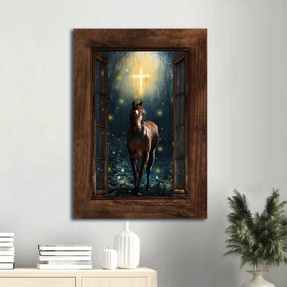 Horse Firefly Drawing Cross Symbol Wooden Window Canvas Wall Art - Christian Gift