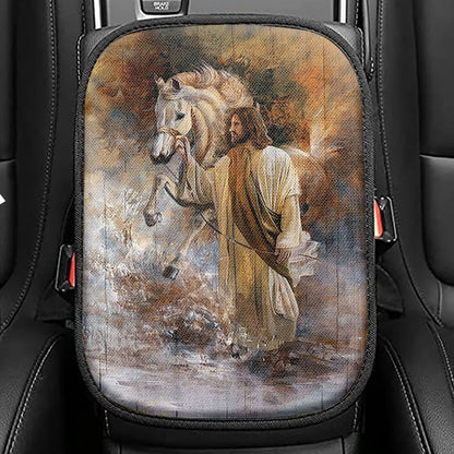 Horse Jesus Christ Painting Seat Box Cover, Christian Car Center Console Cover, Bible Verse Car Interior Accessories