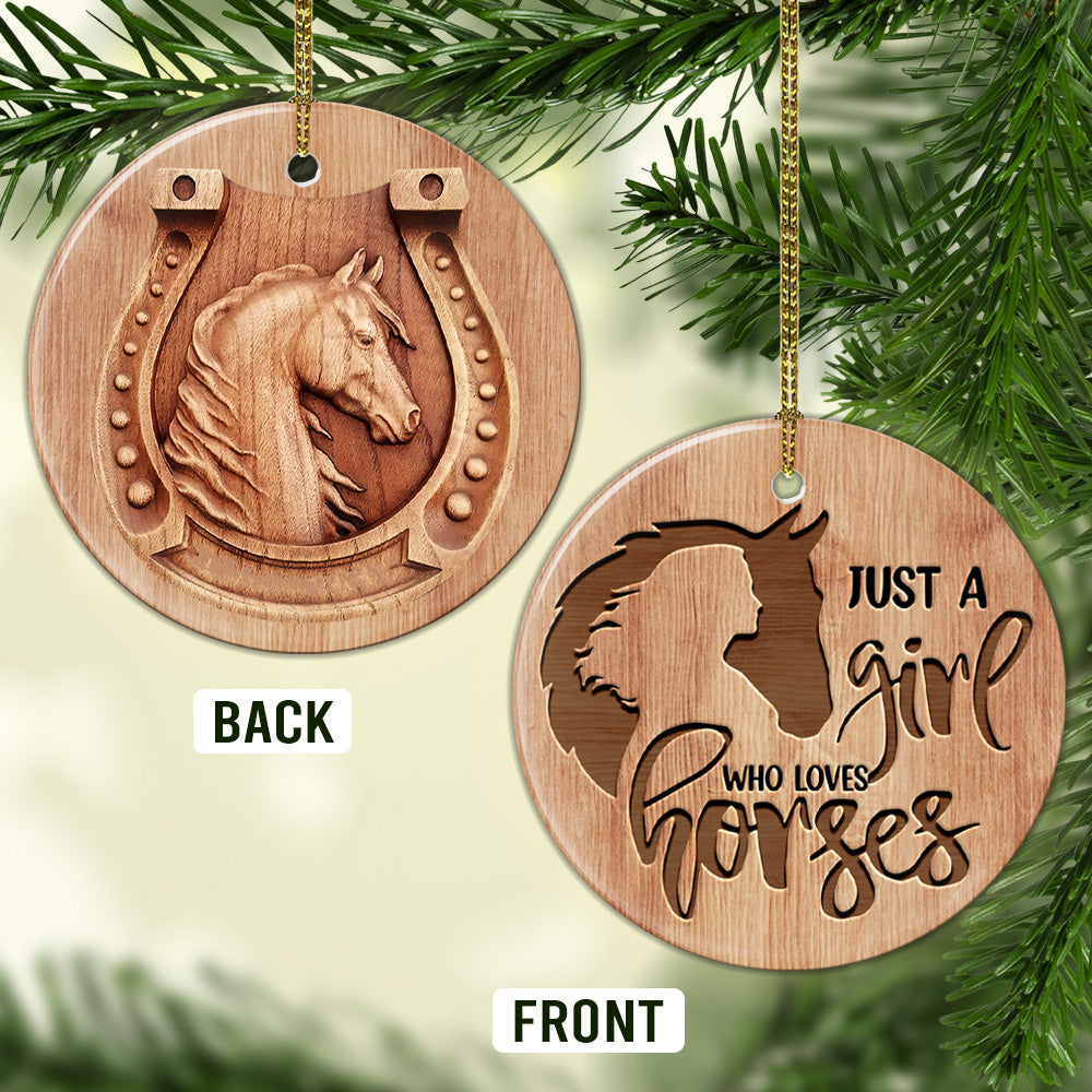 Horse Lover Wood Style Ceramic Circle Ornament - Decorative Ornament - Christmas Ornament