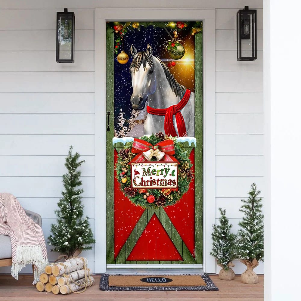 Horse Merry Christmas Door Cover - Christmas Horse Decor - Christmas Outdoor Decoration