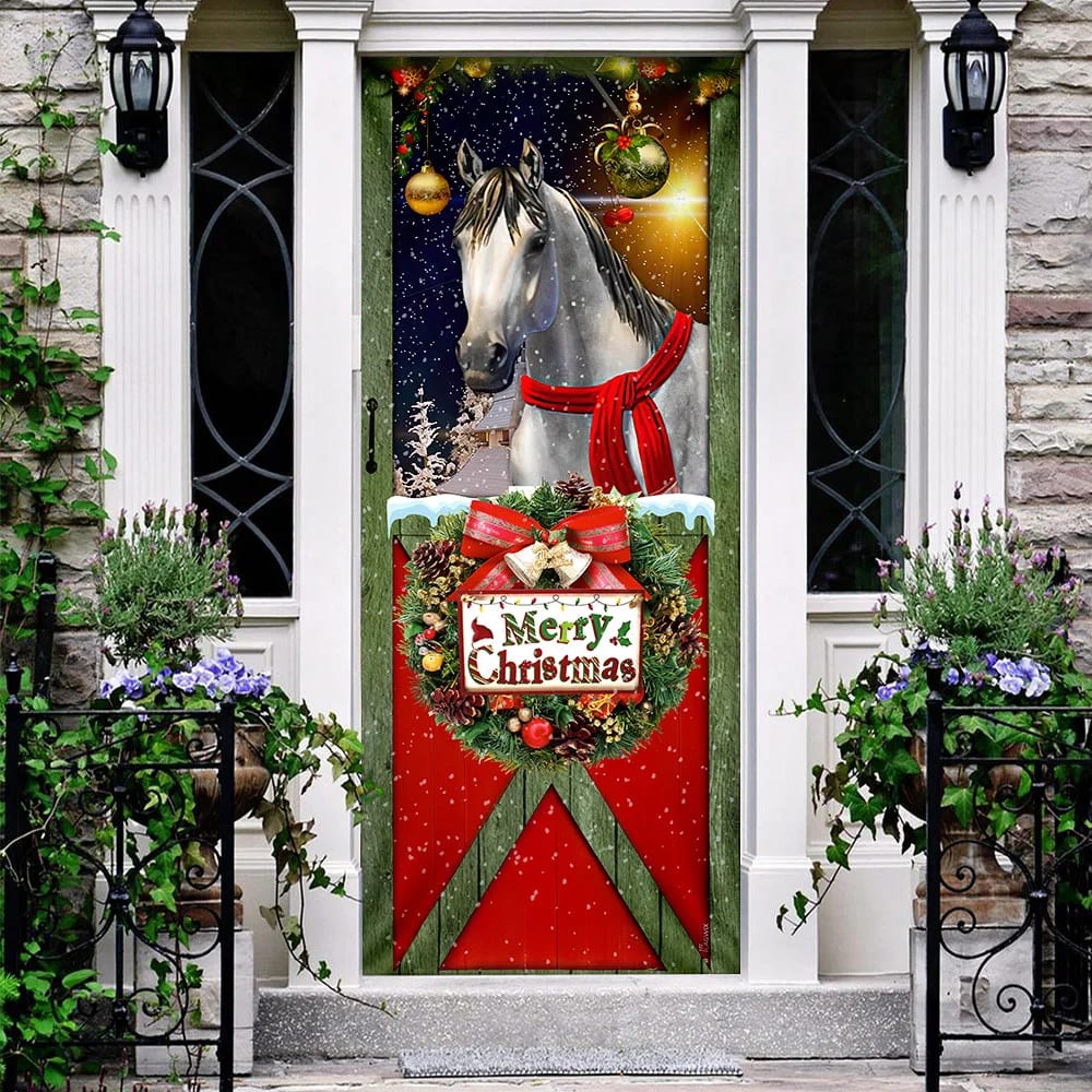Horse Merry Christmas Door Cover - Christmas Horse Decor - Christmas Outdoor Decoration