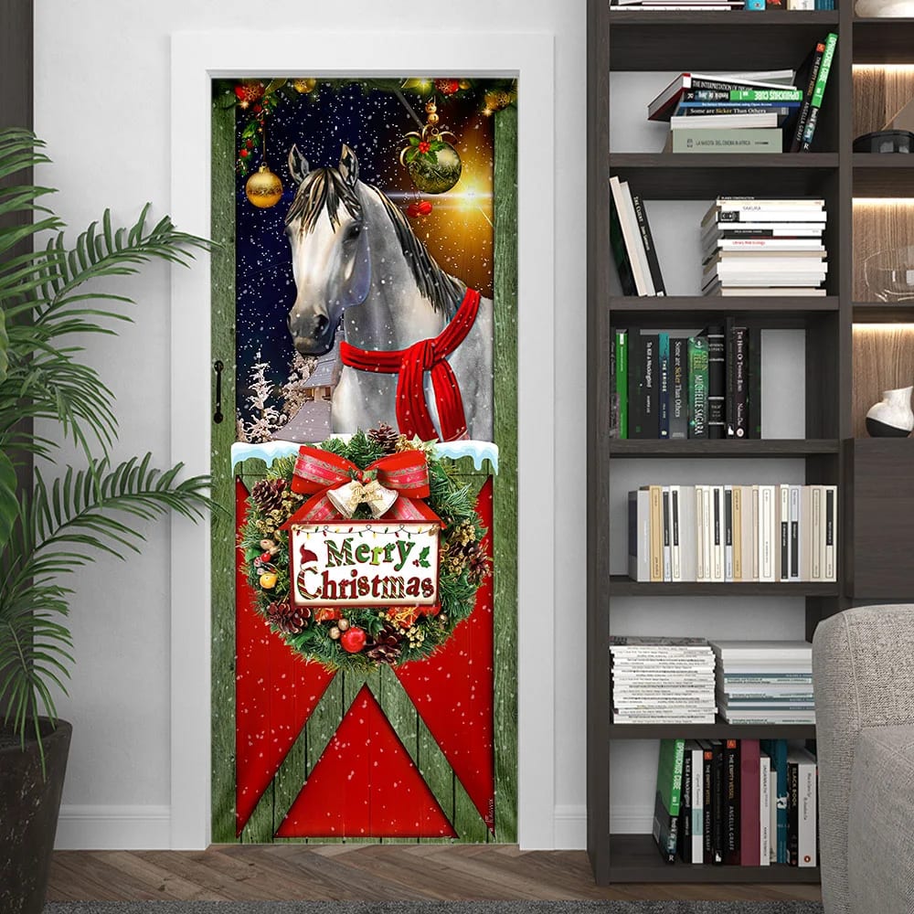 Horse Merry Christmas Door Cover - Christmas Horse Decor - Christmas Outdoor Decoration