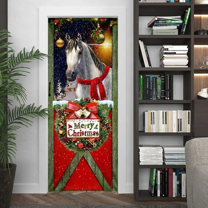 Horse Merry Christmas Door Cover - Christmas Horse Decor - Christmas Outdoor Decoration