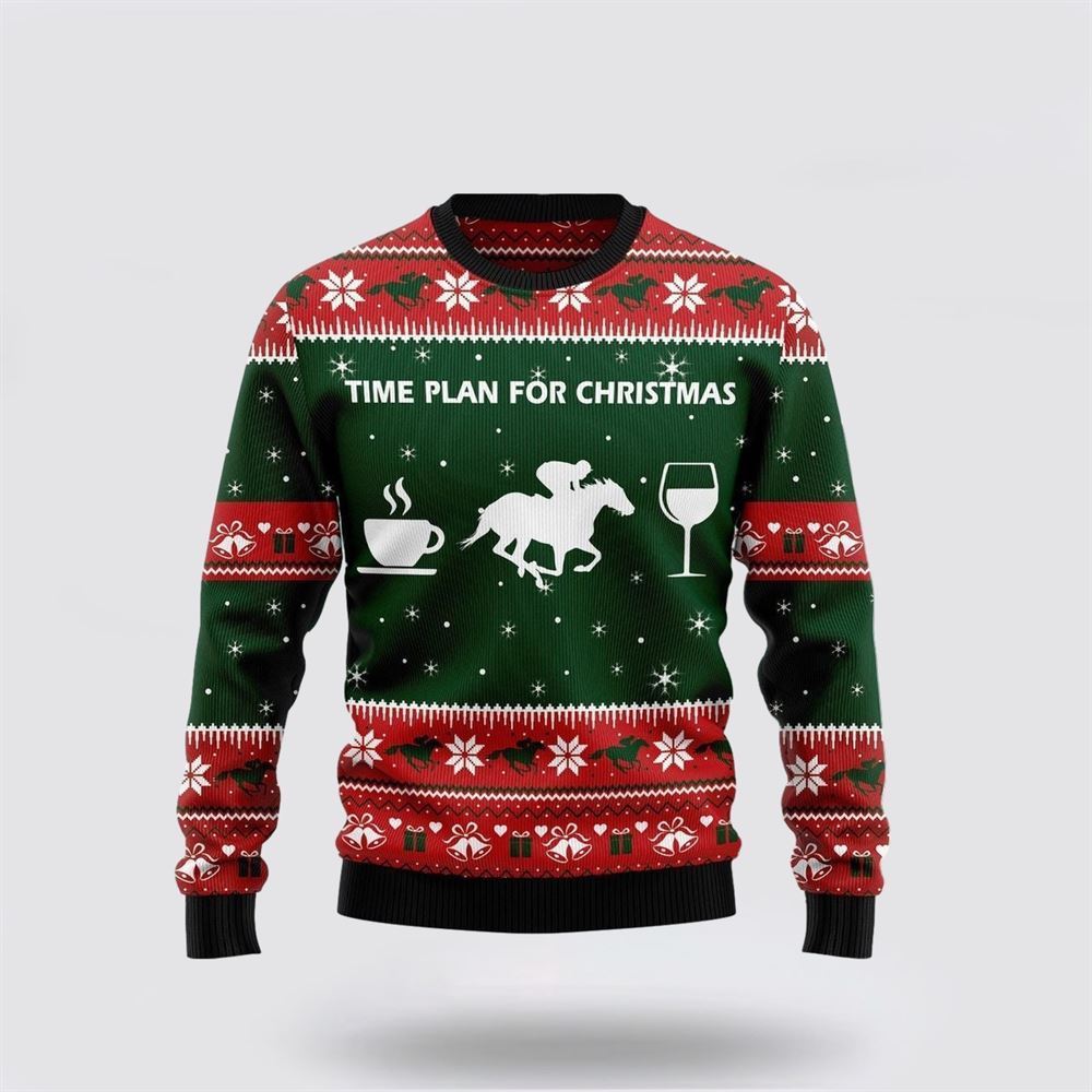 Horse Racing Wine Coffee Time Plan For Ugly Christmas Sweater, Farm Sweater, Christmas Gift, Best Winter Outfit Christmas
