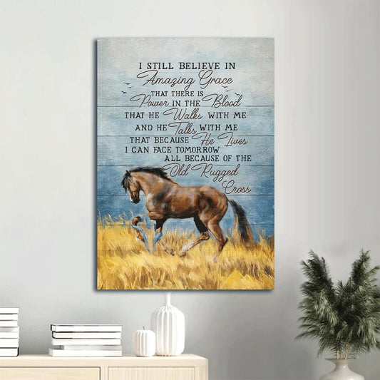 Horse Rice Fields Blue Ocean I Still Believe In Grace Canvas Wall Art - Christian Gift