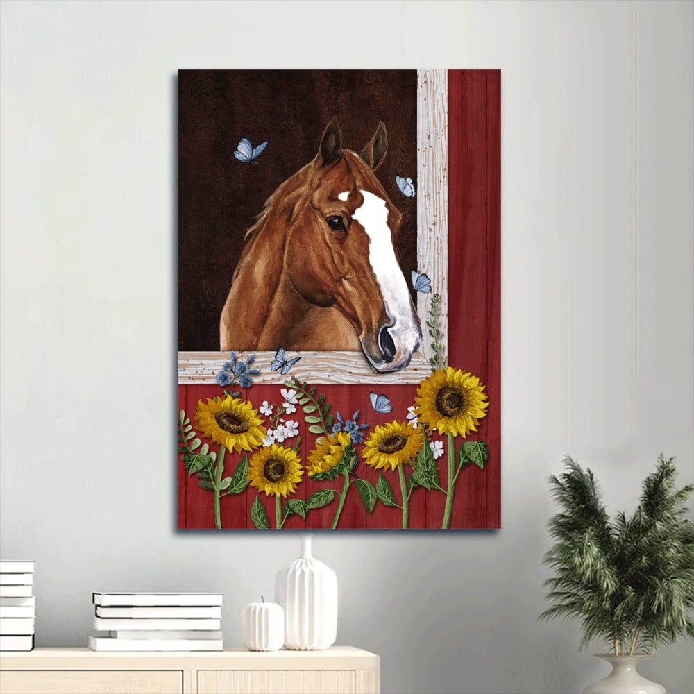 Horse & Sunflower Blue Butterfly Horse Lover Canvas Wall Art - Christian Gift