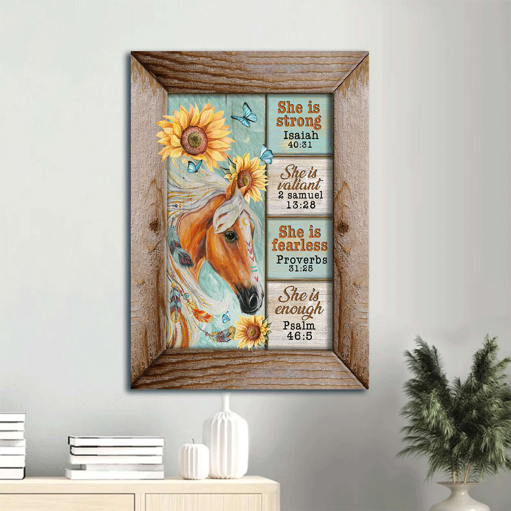 Horse Sunflower Butterfly She Is Strong Canvas Wall Art - Christian Gift