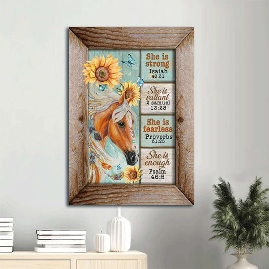 Horse Sunflower Butterfly She Is Strong Canvas Wall Art - Christian Gift