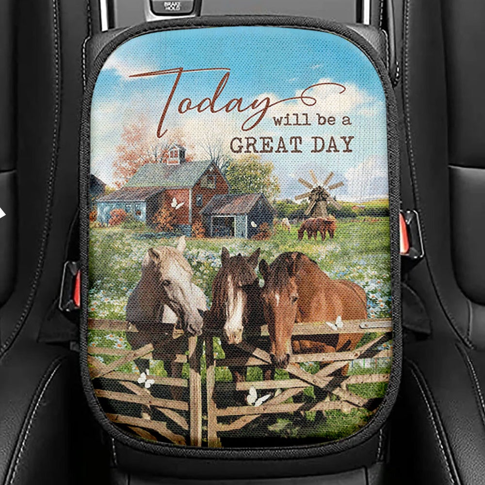 Horse Today Will Be A Great Day Seat Box Cover, Bible Verse Car Center Console Cover, Inspirational Car Interior Accessories