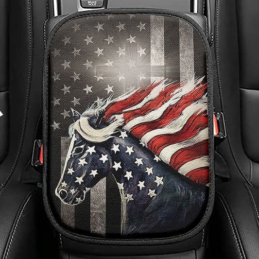 Horse Us Pattern Black Background Us Flag Seat Box Cover Seat Box Cover, Christian Car Center Console Cover, Bible Verse Car Interior Accessories