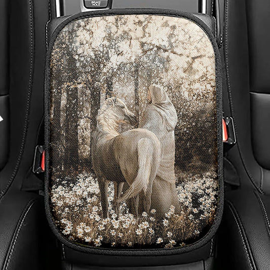 Horse Walking With Jesus Into The Forest Seat Box Cover, Bible Verse Car Center Console Cover, Christian Inspirational Car Interior Accessories
