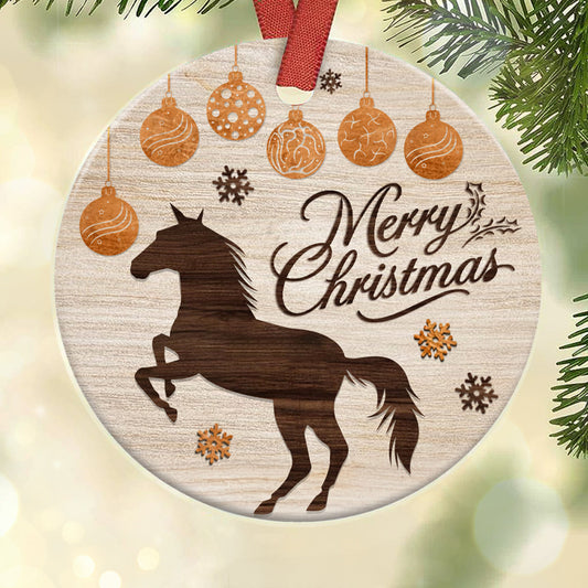 Horse Wooden Style Merry Christmas Circle Ornament - Christmas Ornament - Ciaocustom