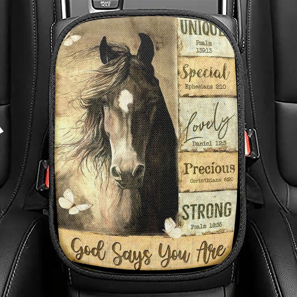 Horse Yellow Background God Says You Are Car Center Console Cover, Christian Armrest Seat Cover, Bible Seat Box Cover