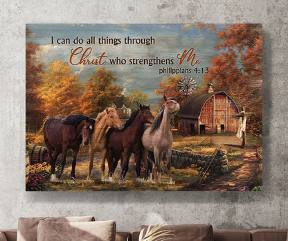 Horses Autumn Forest I Can Do All Things Through Christ Who Strengthens Me Canvas Wall Art - Christian Poster - Religious Wall Decor