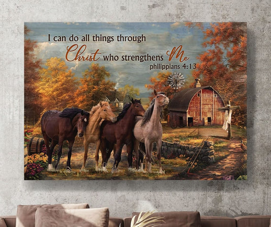 Horses Autumn Forest I Can Do All Things Through Christ Who Strengthens Me Canvas Wall Art - Christian Poster - Religious Wall Decor