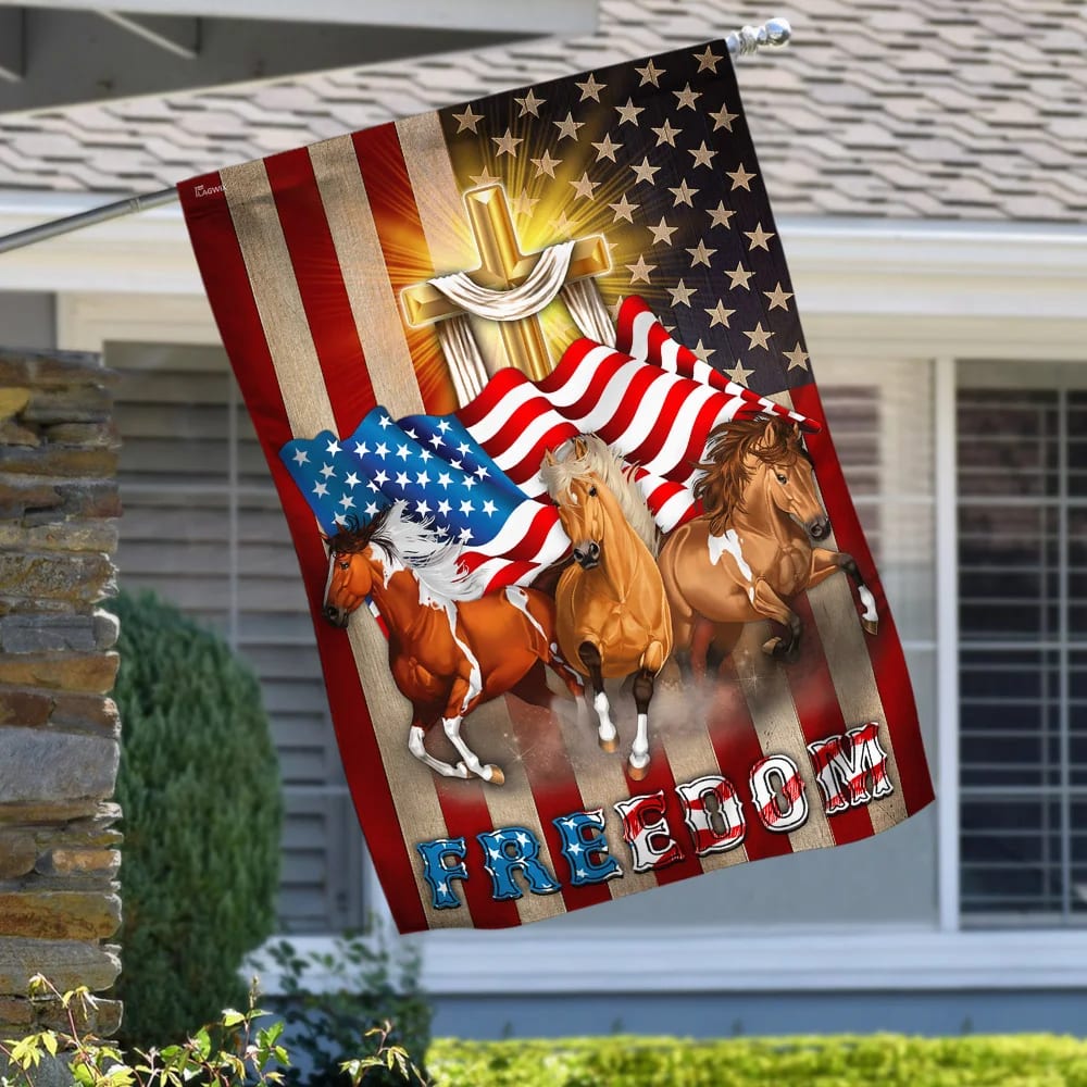 Horses Christian Cross American Flag - Outdoor Christian House Flag - Christian Garden Flags