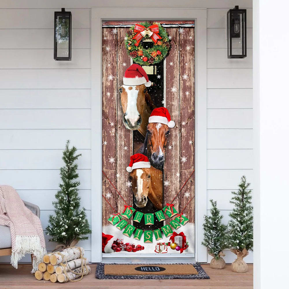 Horses Christmas Snow Barn Door Cover - Christmas Horse Decor - Christmas Outdoor Decoration
