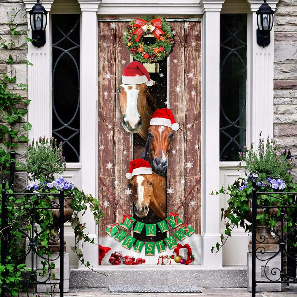 Horses Christmas Snow Barn Door Cover - Christmas Horse Decor - Christmas Outdoor Decoration