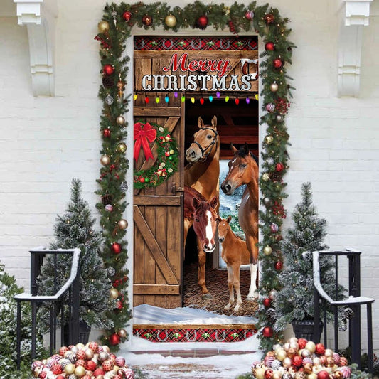 Horses Merry Christmas Door Cover - Christmas Horse Decor - Christmas Outdoor Decoration