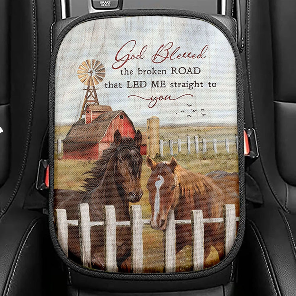 House God Blessed The Broken Road That Led Me Straight To You Seat Box Cover, Bible Verse Car Center Console Cover, Christian Car Interior Accessories