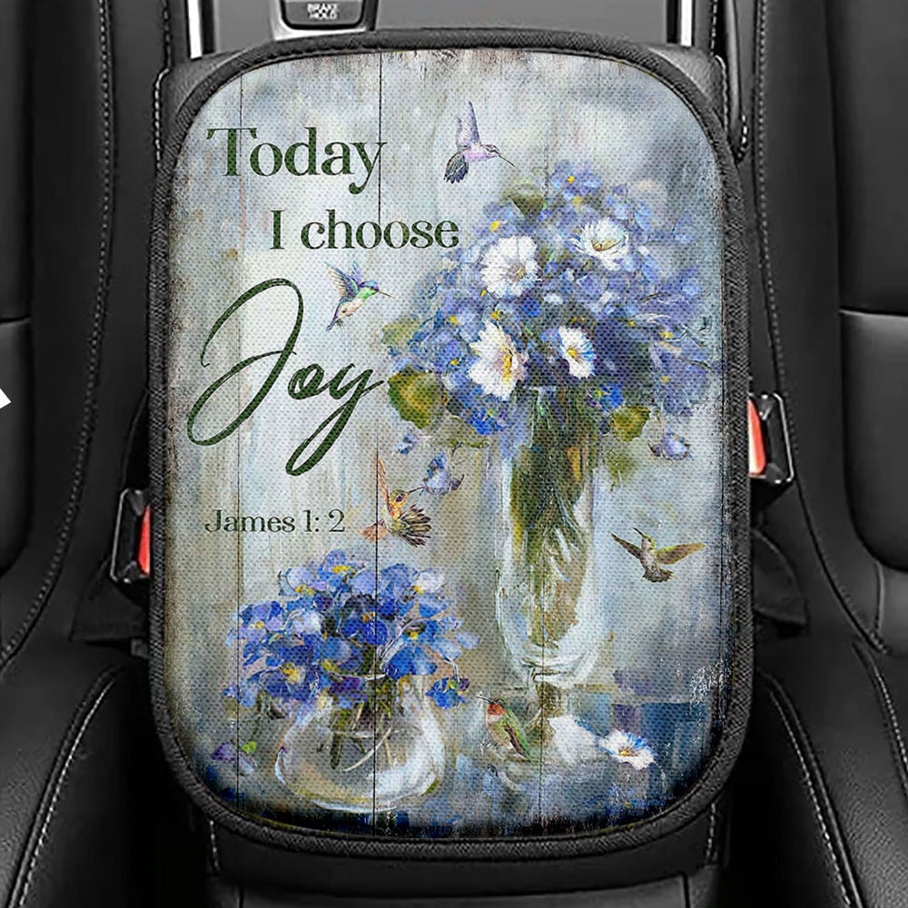 Hummingbird Baby Blue Flower Today I Choose Joy Seat Box Cover, Christian Car Center Console Cover, Bible Verse Car Interior Accessories