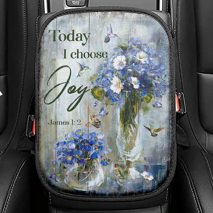 Hummingbird Baby Blue Flower Today I Choose Joy Seat Box Cover, Christian Car Center Console Cover, Bible Verse Car Interior Accessories