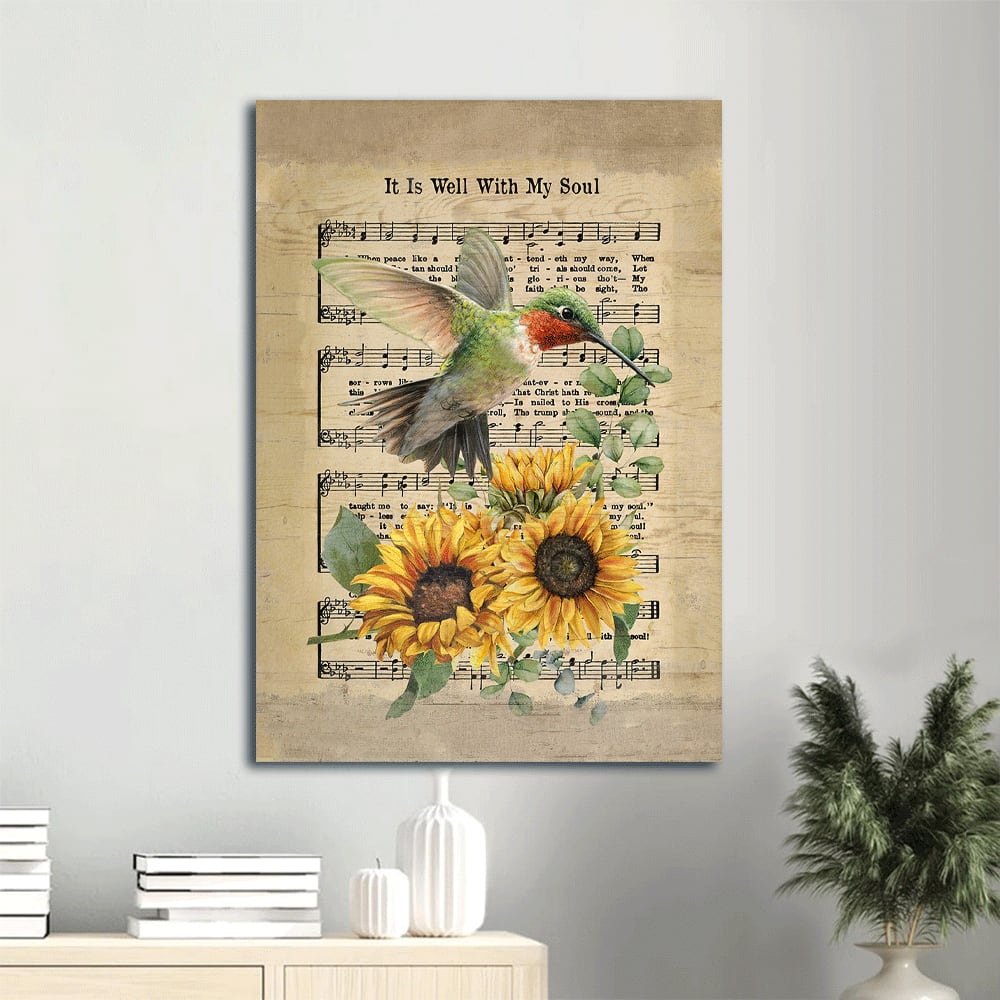 Hummingbird Brilliant Sunflower Music Sheet It Is Well With My Soul Canvas Wall Art - Christian Gift