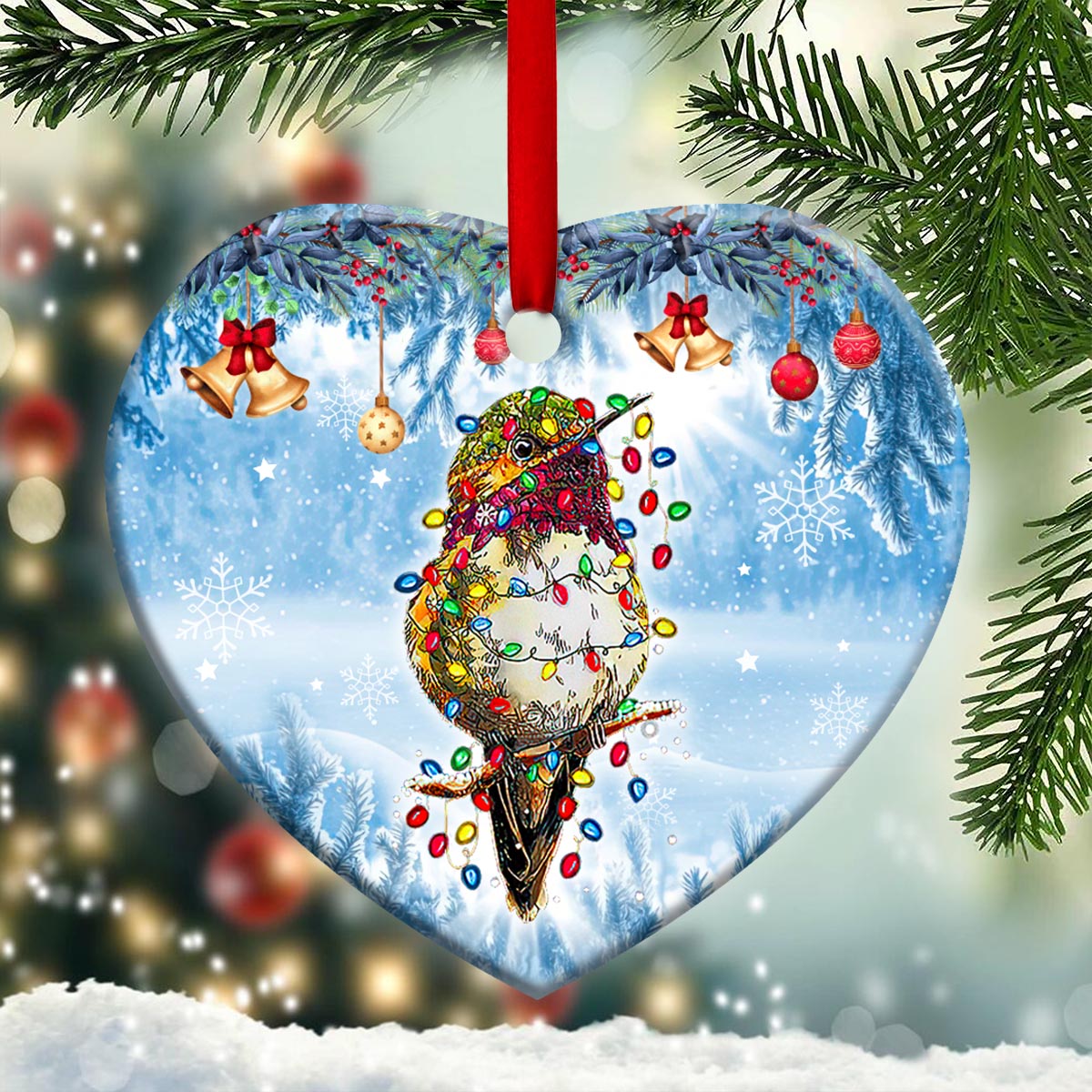Hummingbird Christmas Light Heart Ceramic Ornament - Christmas Ornament - Christmas Gift