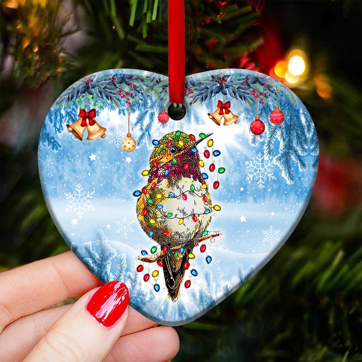 Hummingbird Christmas Light Heart Ceramic Ornament - Christmas Ornament - Christmas Gift