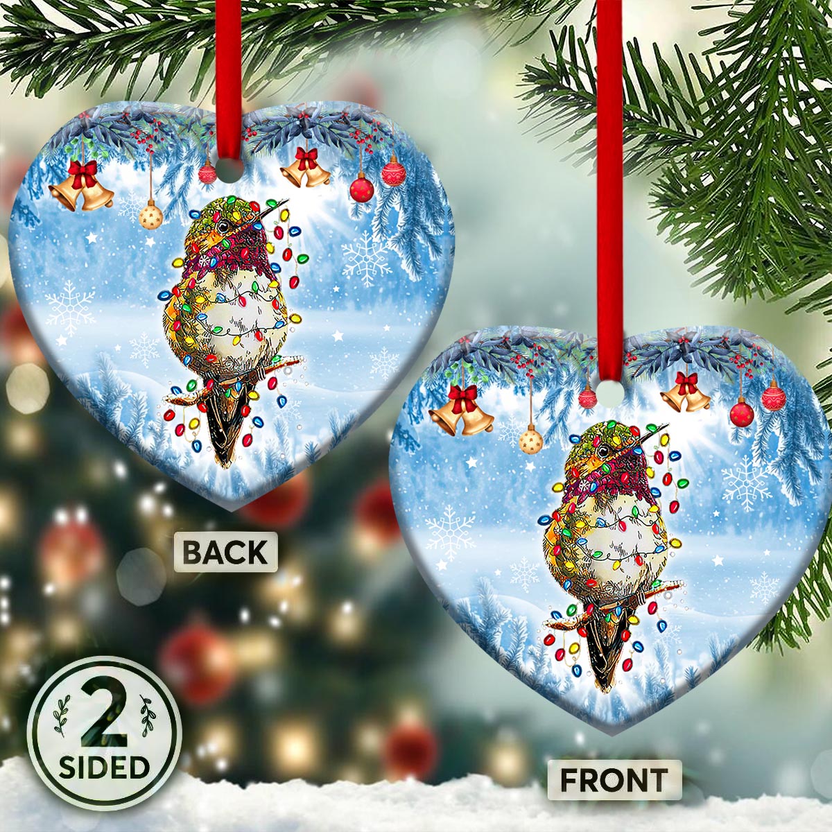 Hummingbird Christmas Light Heart Ceramic Ornament - Christmas Ornament - Christmas Gift