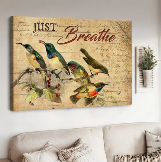 Hummingbird Cranberry Tree Just Breathe Canvas Wall Art - Christian Poster - Religious Wall Decor