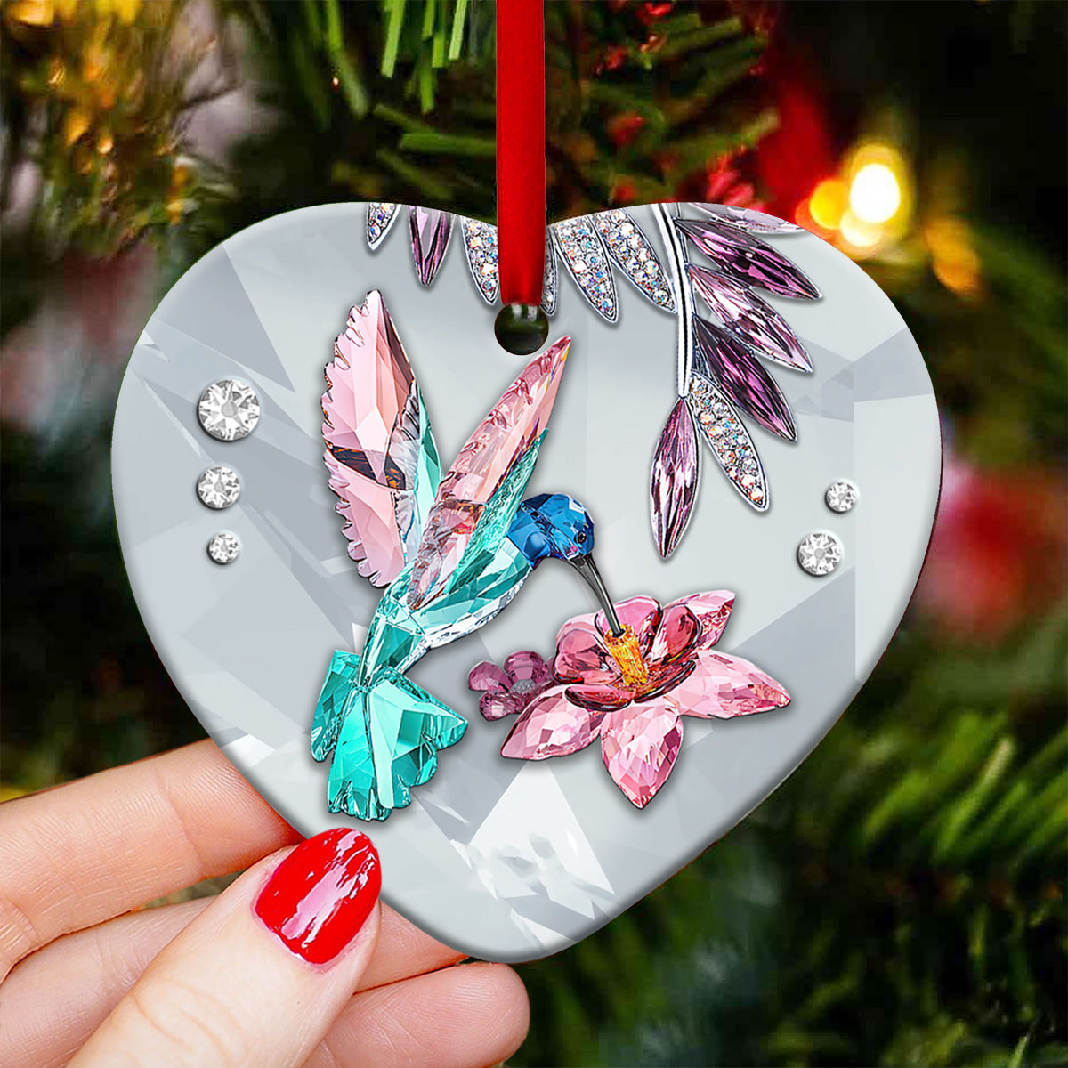 Hummingbird Crystal Style Heart Ornament - Christmas Ornament - Ciaocustom