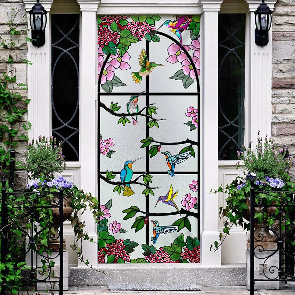 Hummingbird Floral Garden Stained Glass Door Cover - Religious Door Decorations - Christian Home Decor