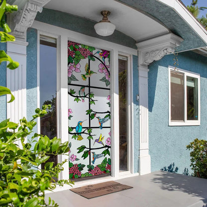 Hummingbird Floral Garden Stained Glass Door Cover - Religious Door Decorations - Christian Home Decor