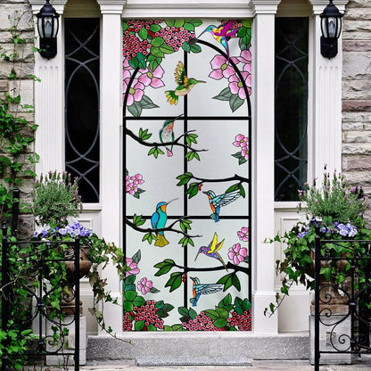 Hummingbird Floral Garden Stained Glass Door Cover - Religious Door Decorations